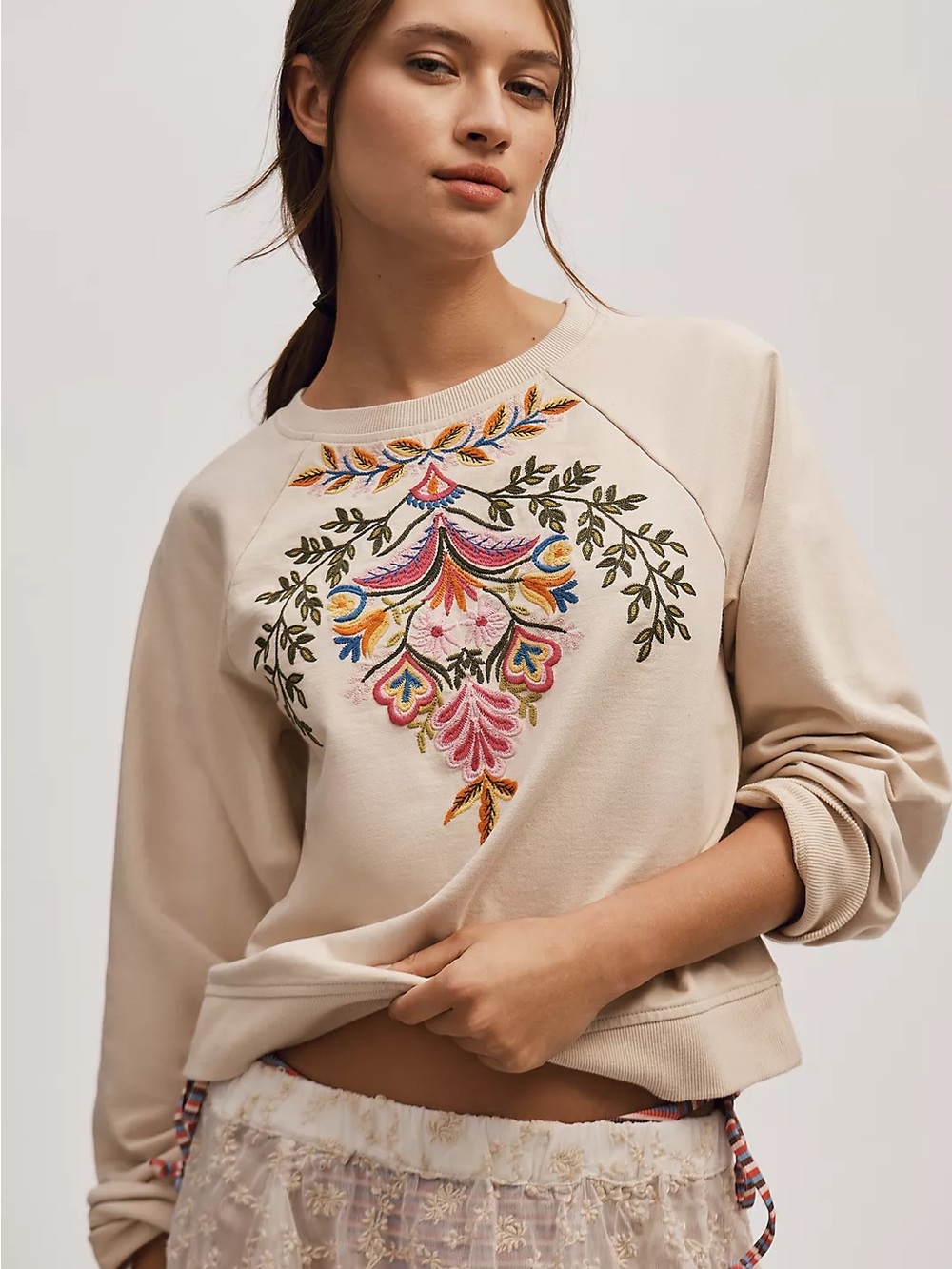 Anthropologie Embroidered Beige Women's Sz Large Sweatshirt - Picture 6 of 6